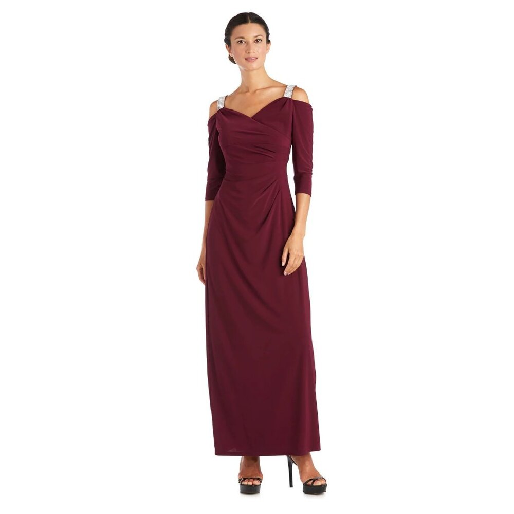 NEW R&M Richards Cold Shoulder Rhinestone Long Formal Dress Size 20W 5659 Merlot